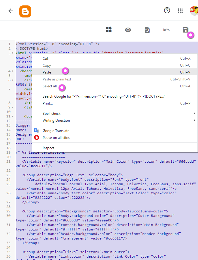 Paste XML Code for Blogger Theme