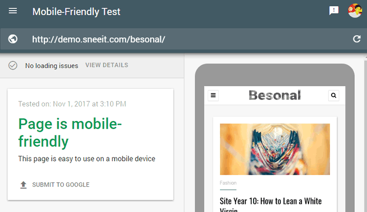 Mobile Friendly Test for Besonal Theme