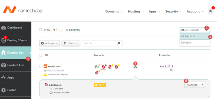 Active SSL for Domain in NameCheap Dashboard