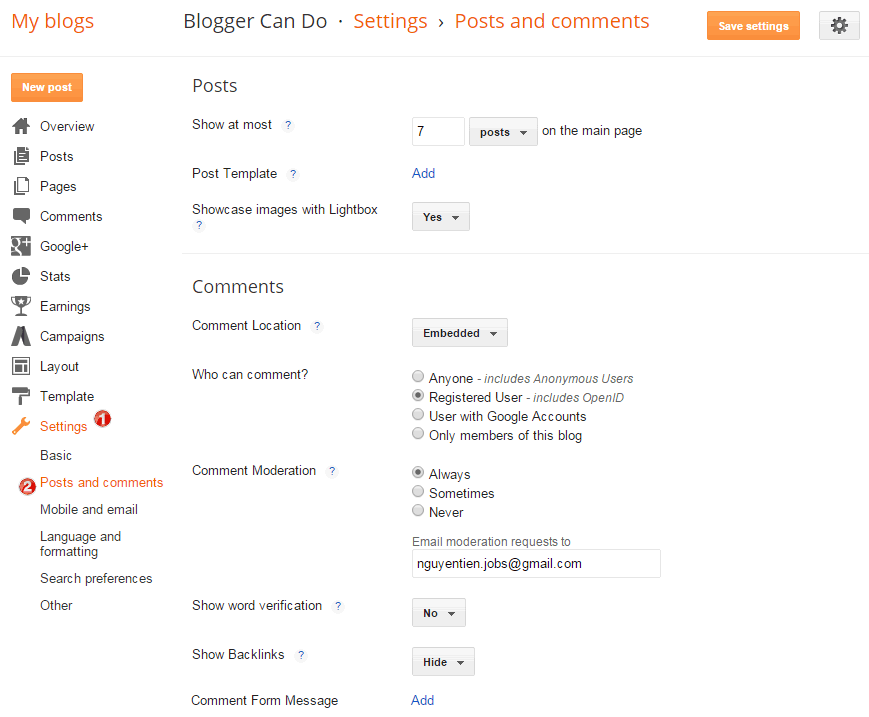 Dashboard Page - Blogger Posts and Comments Settings