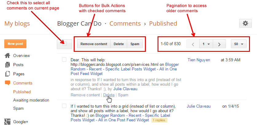 Published Page - Manage Your Blogger / Blogspot Comments