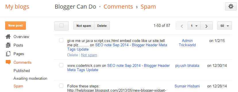 Spam Page - Manage Your Blogger / Blogspot Comments